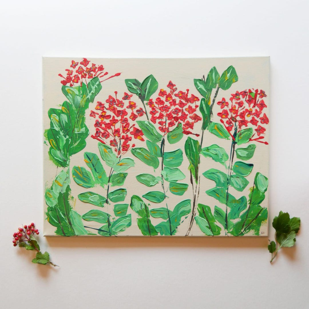Red Geranium Acrylic Painting: Textured Floral Art on Wrapped Canvas - Etsy