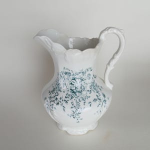 Antique Wheeling Pottery Pitcher: 12in Teal Floral Ironstone Vase