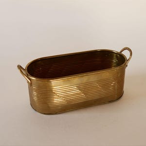 May include: A gold-colored, oval-shaped metal planter with two small handles. The planter has horizontal ribbed detailing around the sides. The interior is a darker gold color.