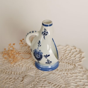 1960s Hand-Painted Delft Candle Holder: Blue & White Floral Folk Art