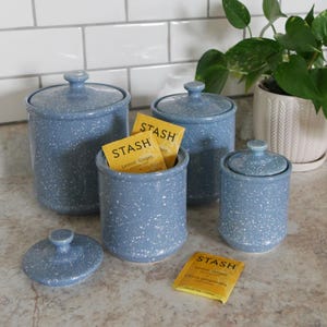 Vintage Blue and White Speckled Canister Set, Blue Speckled Canister Collection, Light Blue Kitchen Jars, Vintage Kitchen Canisters