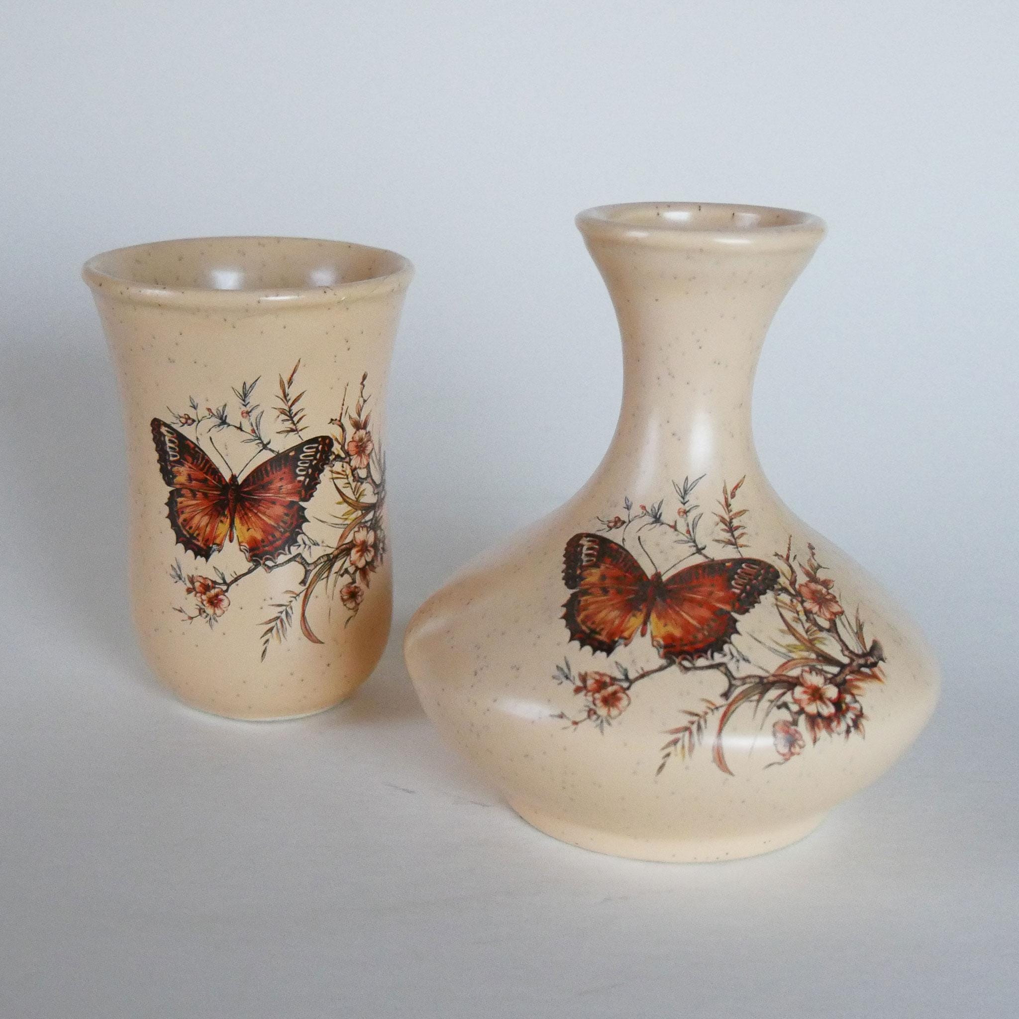 Set of Vintage Treasure Craft Ceramic Vases With a Butterfly and