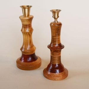 Vintage Two-Tone Wooden Candlestick Holders with Brass Accents