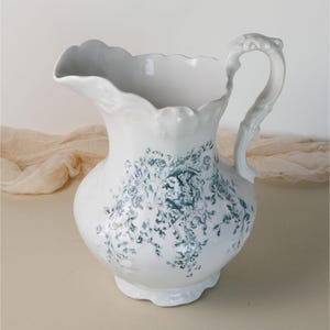 Antique Wheeling Pottery Pitcher: 12in Teal Floral Ironstone Vase