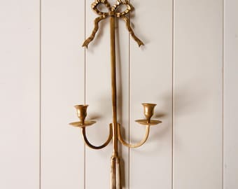 Brass Bow Tassel French Style Wall Sconce, Vintage Brass Candlestick Holder