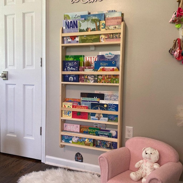 Väggmonterad 4 hyllor platsbesparande barnbokhylla, Montessori bokdisplay för baby, bokorganisatör för barnrum, present till baby