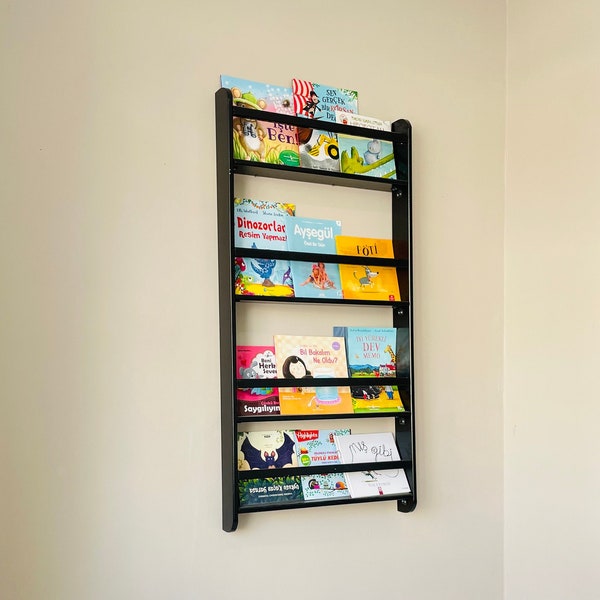 Kids Space Saver Black Wood Bookshelf, Preschool Children Bedroom Book Shelf, Wall Mounted 4 Shelves Montessori Bookcase,Reading Book Stand