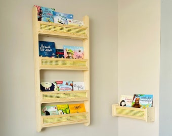 Bundle Set of two Rattan Montessori Bookshelf for Kids, Space Saver Rattan Wall Mounted and Floating Shelf, Kids Gift Front Facing Bookshelf