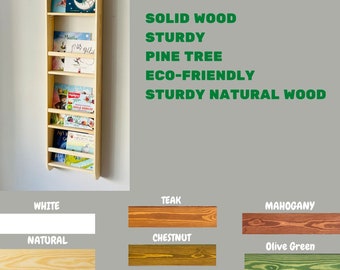 4 tier Narrow Handmade Montessori Kids Bookshelf, Natural Wood Nursery Book Rack, Slim Space Saver Toddler Wall Mounted Skinny Book Shelf