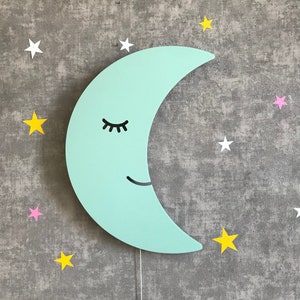 Crescent Moon for Nursery Light, Wooden Wall Lamp, Kids Room Lamp, Nursery Decor, Baby Shower Gift, Children Bedroom Lamp Zielony