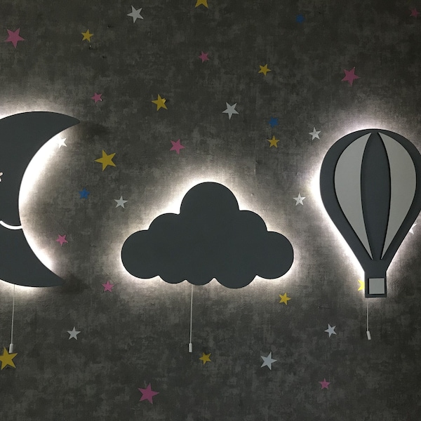 Ensemble de lampes en croissant de lune gris pour chambre d'enfant, veilleuse nuage pour chambre d'enfant, ensemble de lampes de décoration pour chambre d'enfant, lampe lune, cadeaux fille