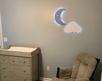 Nursery Wall Light, Nursery Lighting, Night light for Baby Room / 1 Moon + 1 Cloud Set / Wooden Children Lamp / 2PCs Set