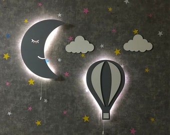 Moon Night Light, Moon Wall Light Set, Moon Night Lamp, Hot Air Balloon Light, Baby Room Lamp, Warm Light Wall Lamp
