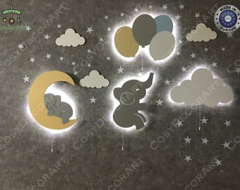 Nursery Elephant, Lighting Elephant Balloons, Cloud Wall Lamp, Elephant Light With Balloon, Baby Wall Decor, Kids Wall Lamp, Baby Room Decor