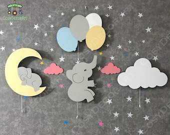 Nursery Elephant, Lighting Elephant Balloons, Cloud Wall Lamp, Elephant Light With Balloon, Baby Wall Decor, Kids Wall Lamp, Baby Xmas Gift