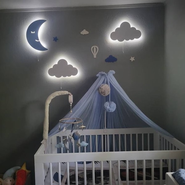 Kinderkamer wandlamp, kinderkamerverlichting/1 MAAN + 2 WOLKEN/babykamer wanddecoratie, peuter slaapkamer decorlamp | 3 stuks ingesteld