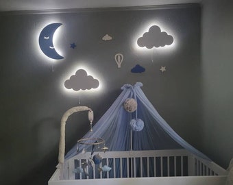 Nursery Wall Light, Kids Room Lighting /1 MOON + 2 CLOUDS/ Baby Room Wall Decor,Toddler Bedroom Decor Lamp | 3PCs Set