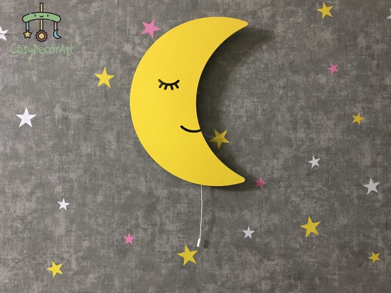 Crescent Moon for Nursery Light, Wooden Wall Lamp, Kids Room Lamp, Nursery Decor, Baby Shower Gift, Children Bedroom Lamp Żółty