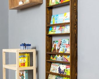 Space Saver Kids Bookshelf, Walnut Stain Color Montessori Bookshelf, Wall Mounted Black Nursery Kids Bookshelf, 1 Piece