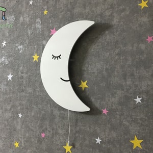 Crescent Moon for Nursery Light, Wooden Wall Lamp, Kids Room Lamp, Nursery Decor, Baby Shower Gift, Children Bedroom Lamp Biały