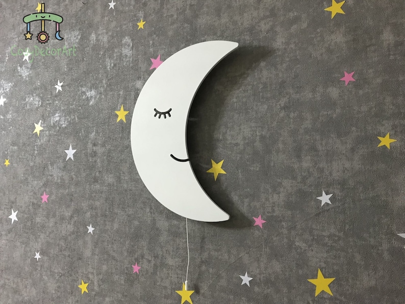 Crescent Moon for Nursery Light, Wooden Wall Lamp, Kids Room Lamp, Nursery Decor, Baby Shower Gift, Children Bedroom Lamp White