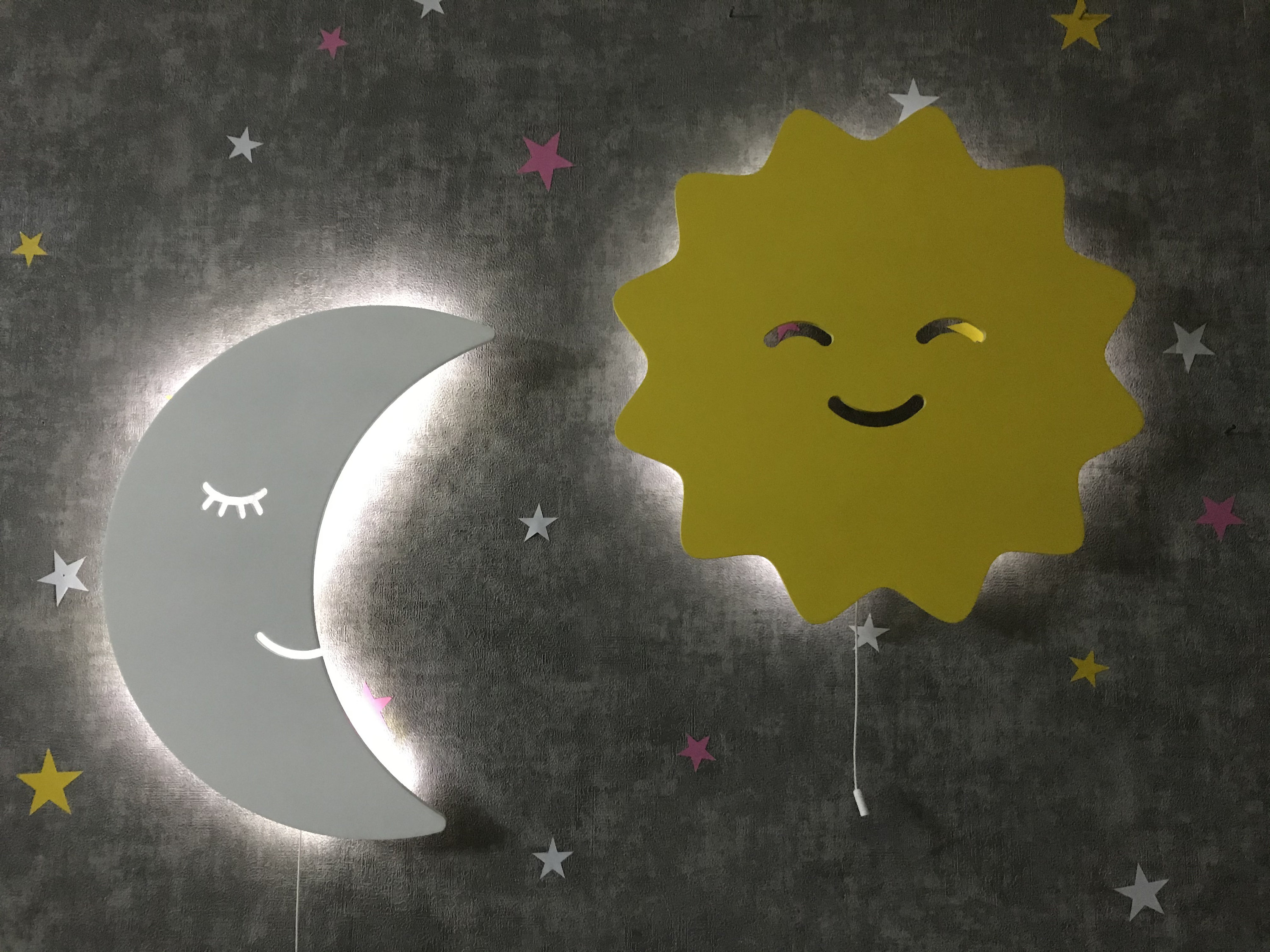 Nursery Wall Light, Wooden Baby Bedroom Lighting /1 Moon + Yellow Sun Lamp Set/ Kids Wall Decor, Sunsine Light,Kids Wall Lamp