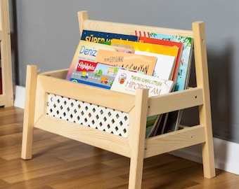Natürliches Kinder Montessori Bücherregal - Kinderzimmer Bücher Aufbewahrung - Kinderbuch Anzeige - Vorderseite Walnuss Bücherregale - Kinderdekor Möbel