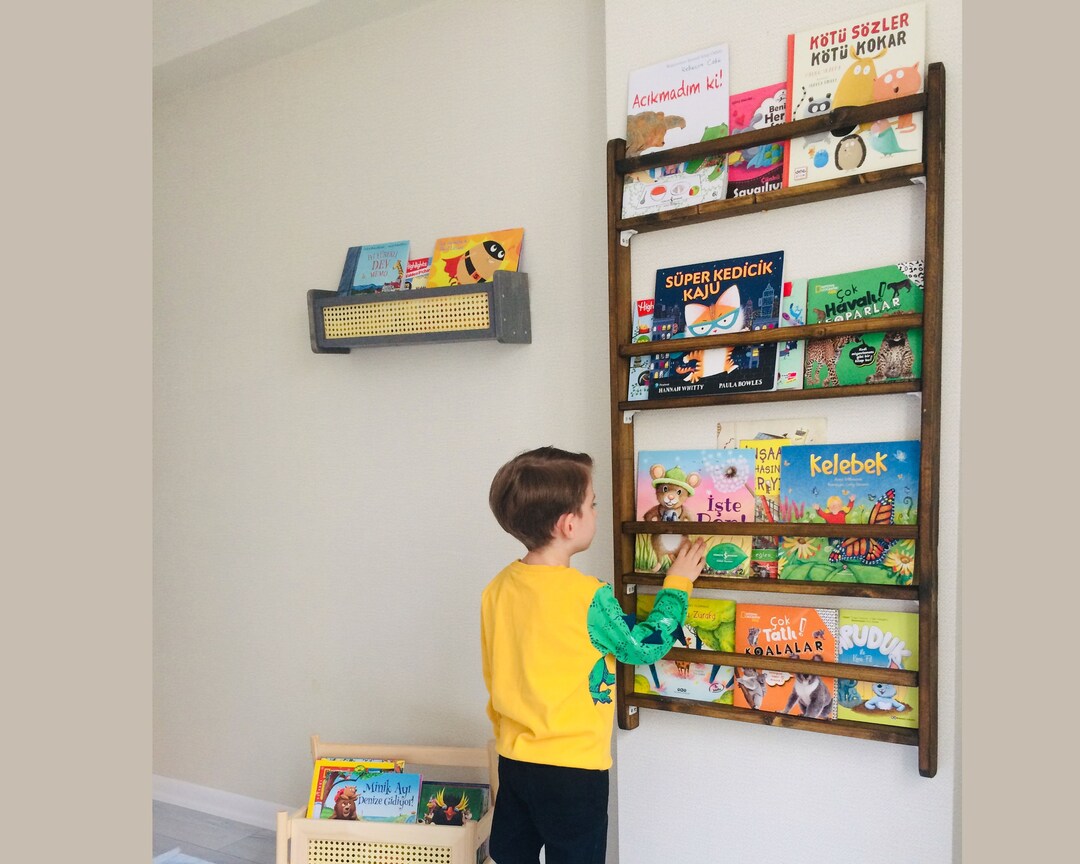 Kids Bookshelf, Space Saver Baby Bookshelf, Walnut Nursery Bookshelf