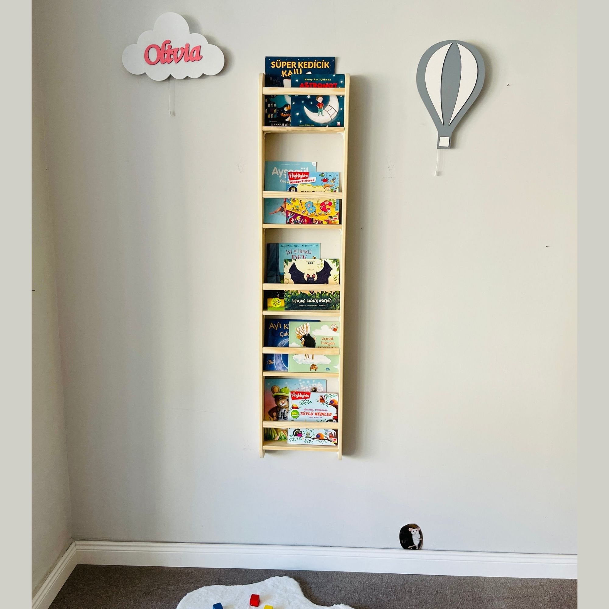 5 tier Narrow Montessori Kids Bookshelf, Extra Large Wide Space Saver Toddler Bookshelf, Wall Mounted Skinny Book Rack