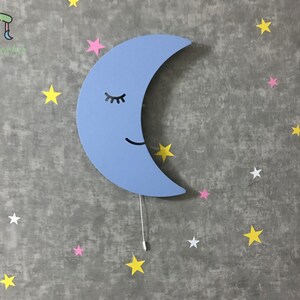 Crescent Moon for Nursery Light, Wooden Wall Lamp, Kids Room Lamp, Nursery Decor, Baby Shower Gift, Children Bedroom Lamp Niebieski