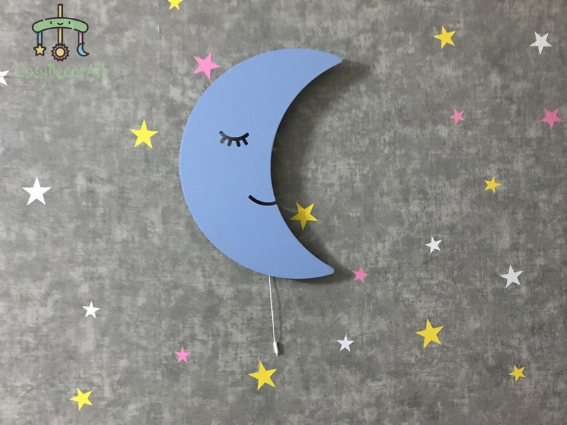 Crescent Moon for Nursery Light, Wooden Wall Lamp, Kids Room Lamp, Nursery Decor, Baby Shower Gift, Children Bedroom Lamp Blue