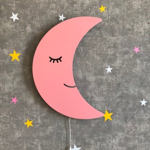 Crescent Moon for Nursery Light, Wooden Wall Lamp, Kids Room Lamp, Nursery Decor, Baby Shower Gift, Children Bedroom Lamp Pink