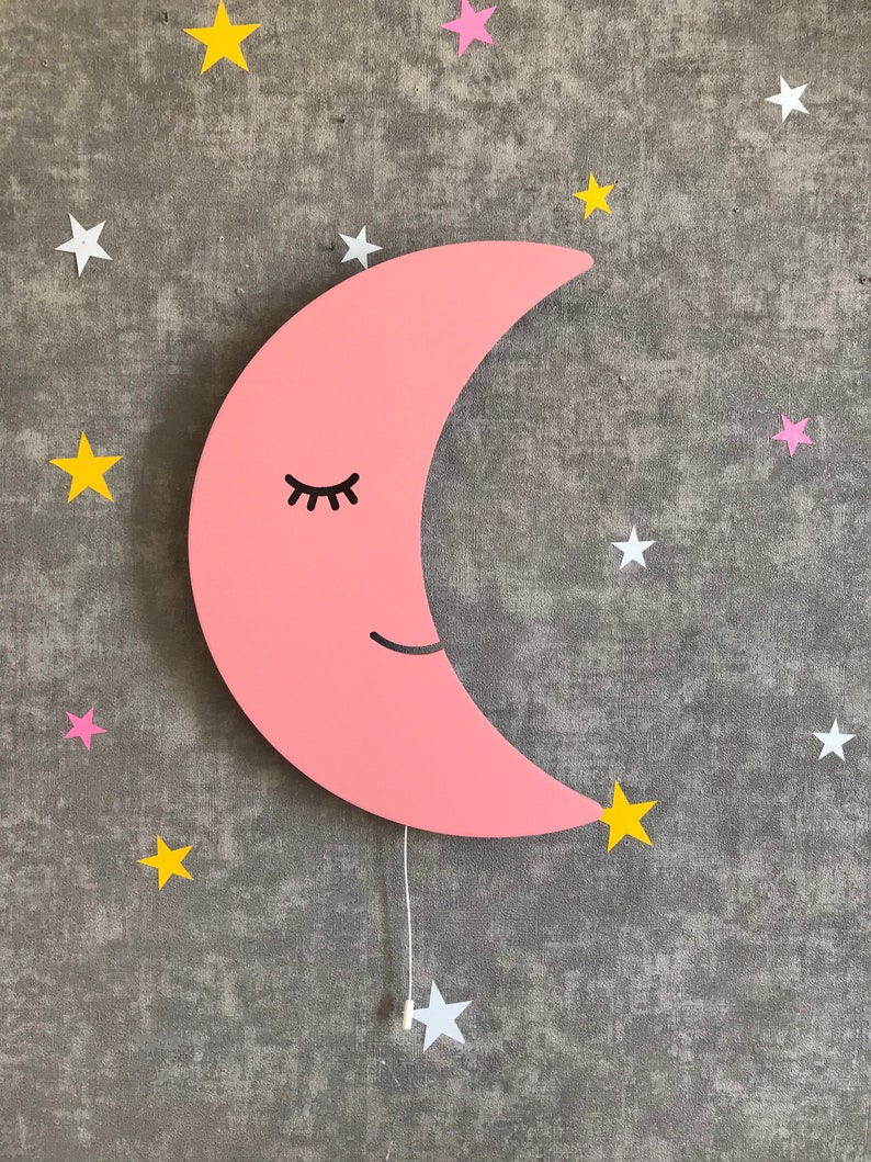 Crescent Moon for Nursery Light, Wooden Wall Lamp, Kids Room Lamp, Nursery Decor, Baby Shower Gift, Children Bedroom Lamp Pink