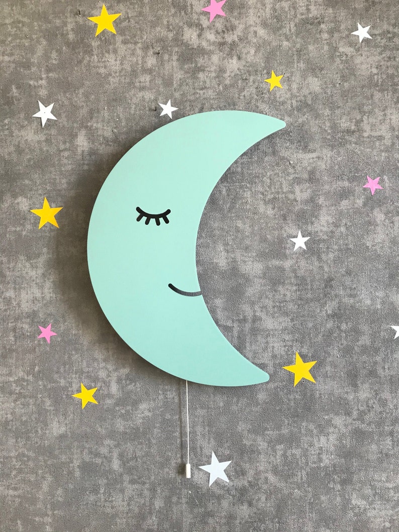 Crescent Moon for Nursery Light, Wooden Wall Lamp, Kids Room Lamp, Nursery Decor, Baby Shower Gift, Children Bedroom Lamp Green