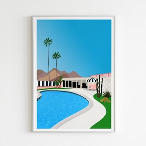 Wall poster, Customizable poster, Swimming pool poster, Landscape poster, interior decoration, gift idea, Illustration Palm Springs, dog