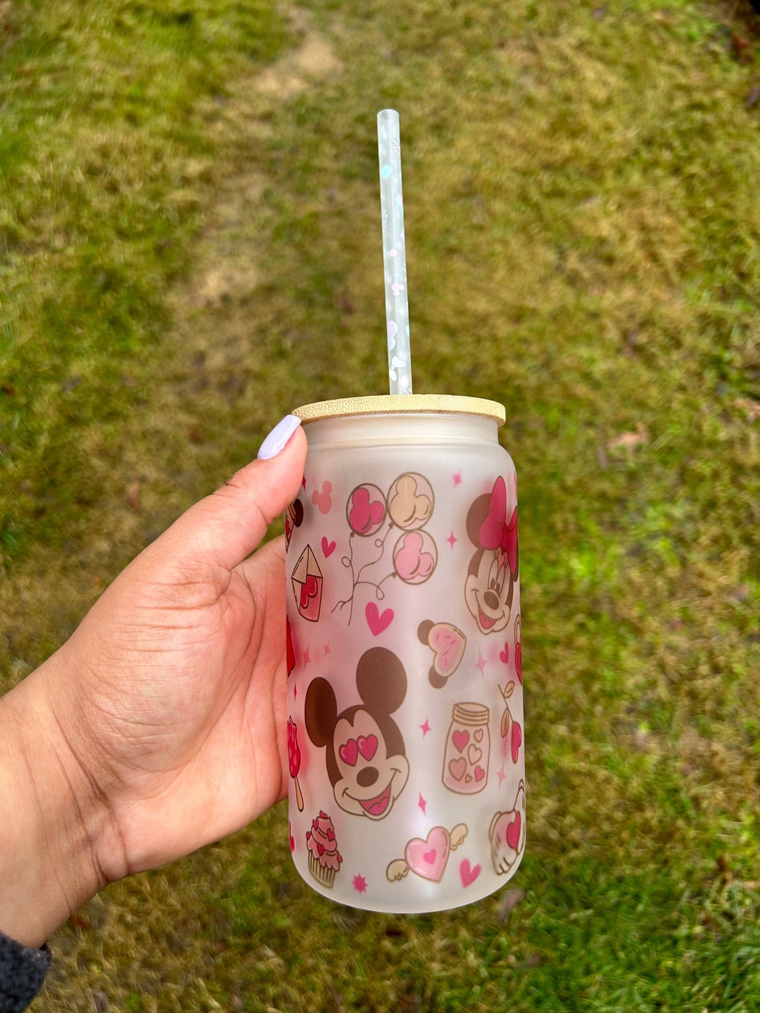 Mickey Minnie Libbey Glass Cup, Valentines Disney Cup, Bamboo Lid and