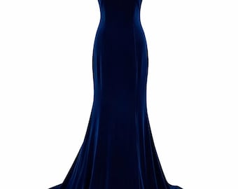 Navy Velvet Evening Gown: Off-Shoulder, Fitted Maxi Dress (Size S, New Tags