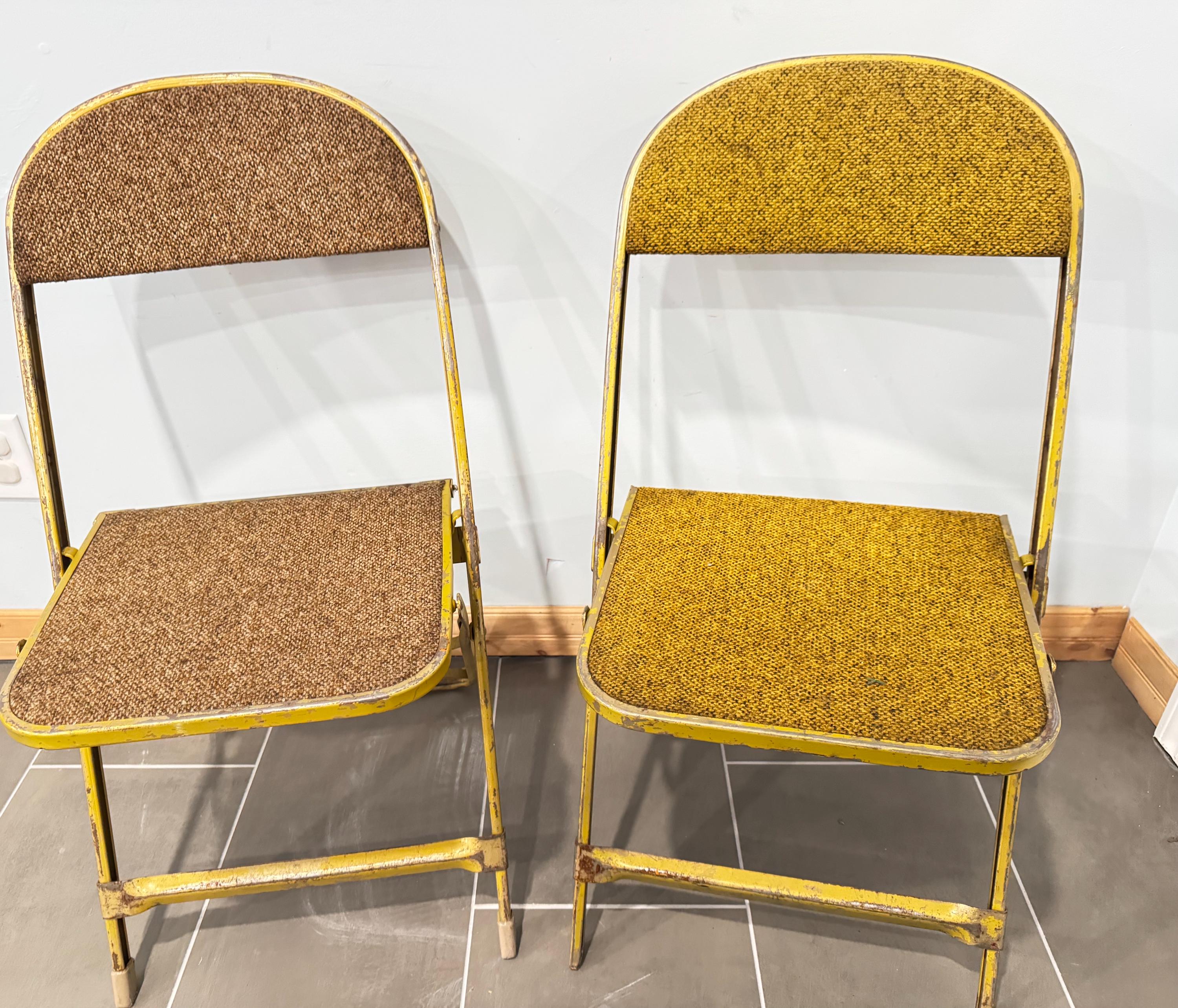 Vintage Yellow Metal Folding Chairs – Woven Seat, Distressed
