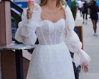 Mini Bridal Dress: Strapless Gown with Pearl Beading, Detached Sleeves, Size Small