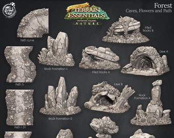 Forest Terrain | Caves, Flowers & Path  | Terrain Essentials | Cast 'n Play | 3D printed 32 mm Tabletop Terrain