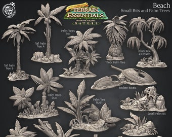 Beach Terrain | Small Bits and Palm Trees | Terrain Essentials | Cast 'n Play | 3D printed 32 mm Tabletop Terrain
