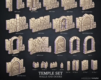 Temple Walls and Doors | Temple Set | Interiors | Cast 'n Play | 3D printed 32mm Tabletop Terrain