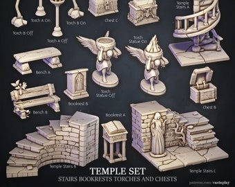 Stairs, Bookrests, Torches and Chests | Temple Set | Interiors | Cast 'n Play | 3D printed 32mm Tabletop Terrain