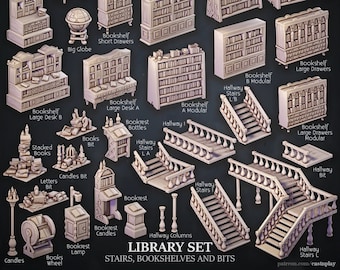 Stairs, Bookshelves and Bits | Library Set | Interiors | Cast &#39;n Play | 3D printed 32mm Tabletop Terrain