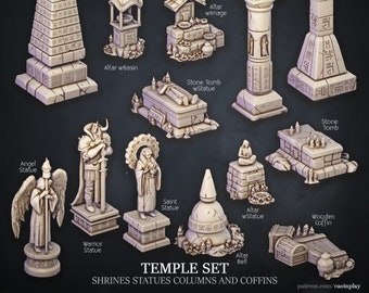 Shrines, Statues, Columns and Coffins | Temple Set | Interiors | Cast 'n Play | 3D printed 32mm Tabletop Terrain