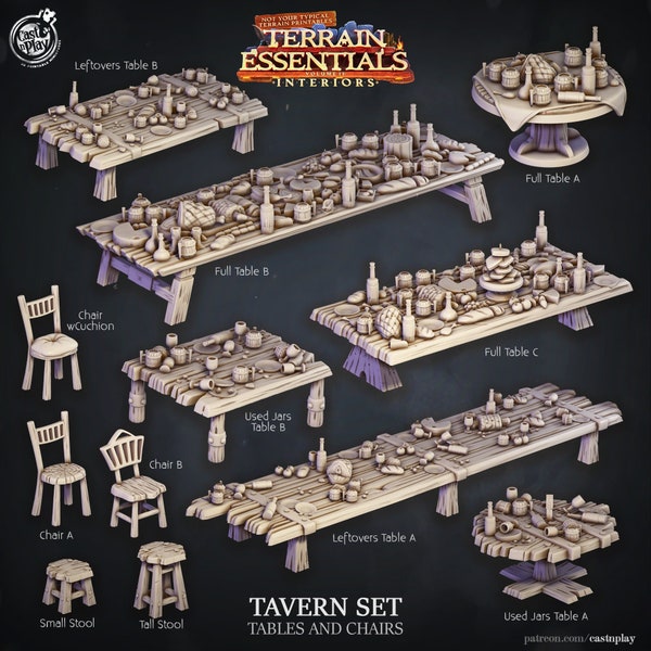 Tables and Chairs | Tavern Set | Interiors | Cast 'n Play | 3D printed 32mm Tabletop Terrain