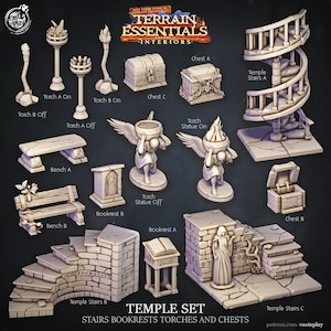 Stairs, Bookrests, Torches and Chests | Temple Set | Interiors | Cast &#39;n Play | 3D printed 32mm Tabletop Terrain