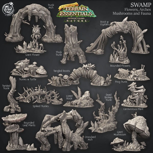 Swamp Terrain | Flowers, Arches, Mushrooms and Fauna| Terrain Essentials | Cast 'n Play | 3D printed 32 mm Tabletop Terrain