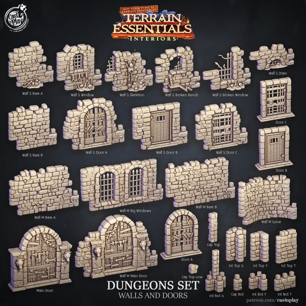 Dungeon Walls and Doors | Dungeon Set | Interiors | Cast 'n Play | 3D printed 32mm Tabletop Terrain