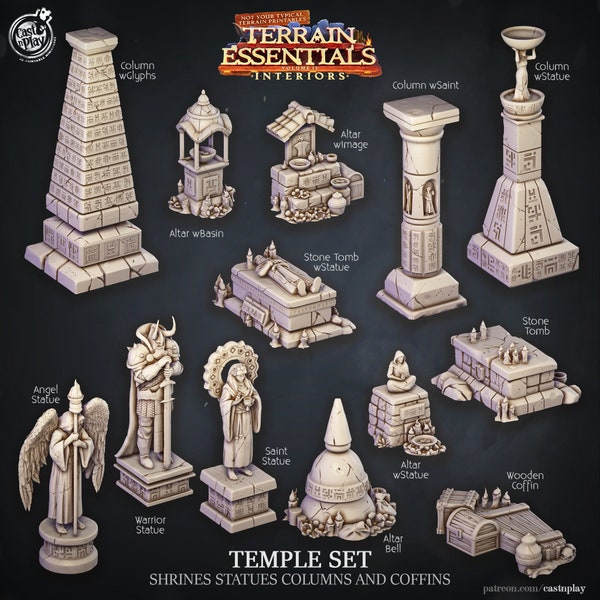 Shrines, Statues, Columns and Coffins | Temple Set | Interiors | Cast 'n Play | 3D printed 32 mm Tabletop Terrain
